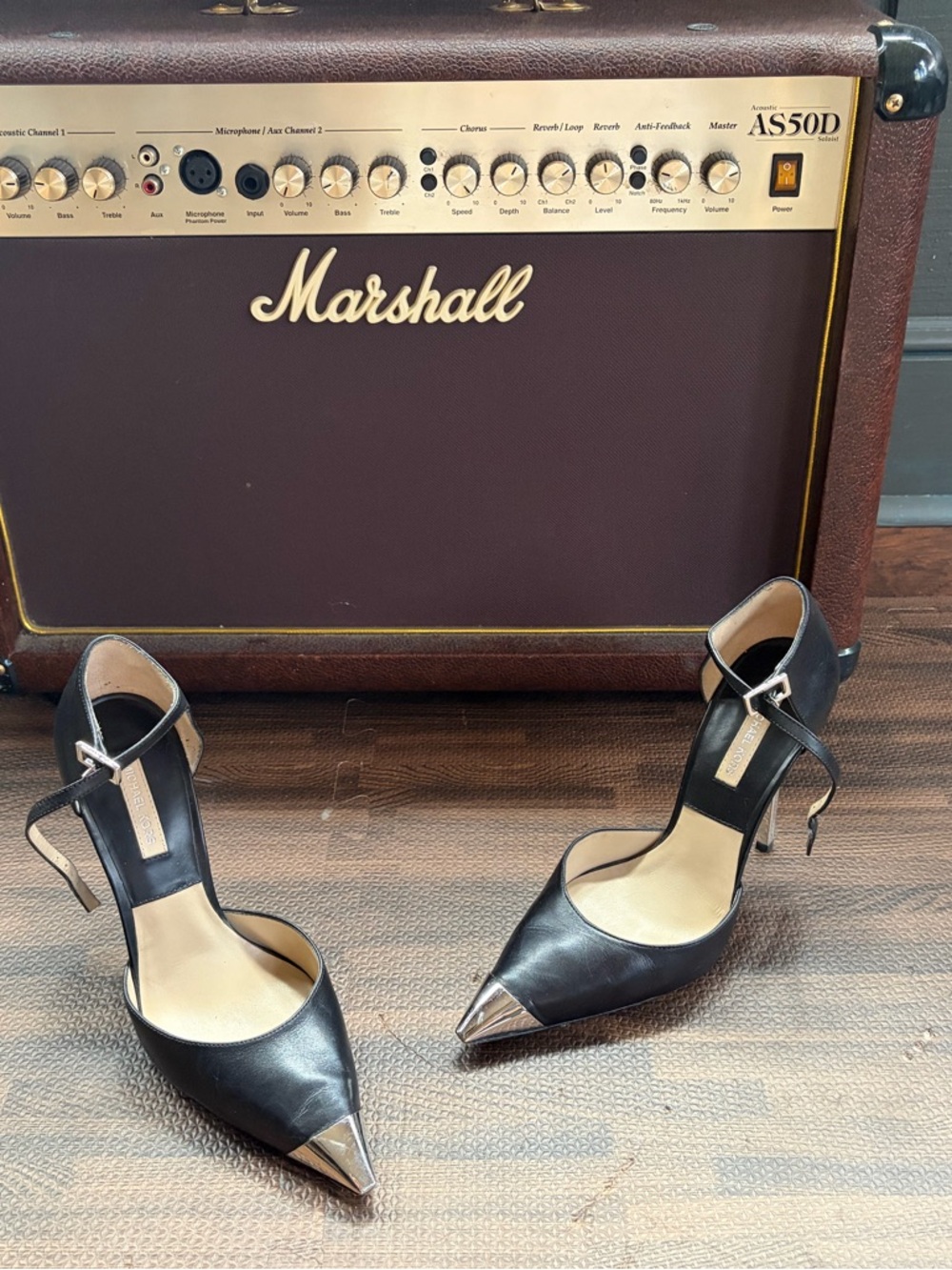 Michael Kors Black Pointed Ankle-Strap Pumps with Silver Cap Toe